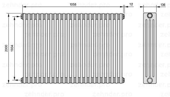 Схема (чертеж) Радиатор Zehnder Charleston 4200/23 №1270 Белый глянцевый RAL 9016